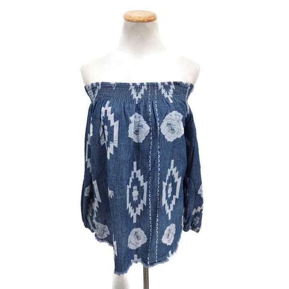 Tribal Blue smocked off the shoulder top in medium Long Sleeve Geometric Print - Picture 1 of 5